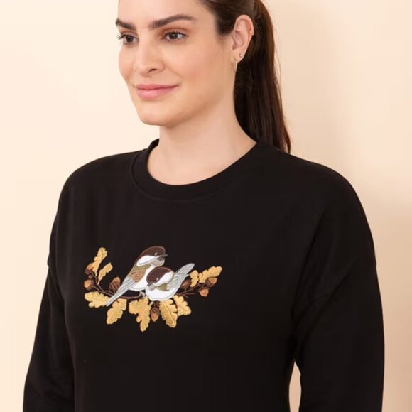 NEW 🍁 Autumn Black Fall Bird Fleece Knit Sweatshirt (100% Cotton) XL - Picture 6 of 7
